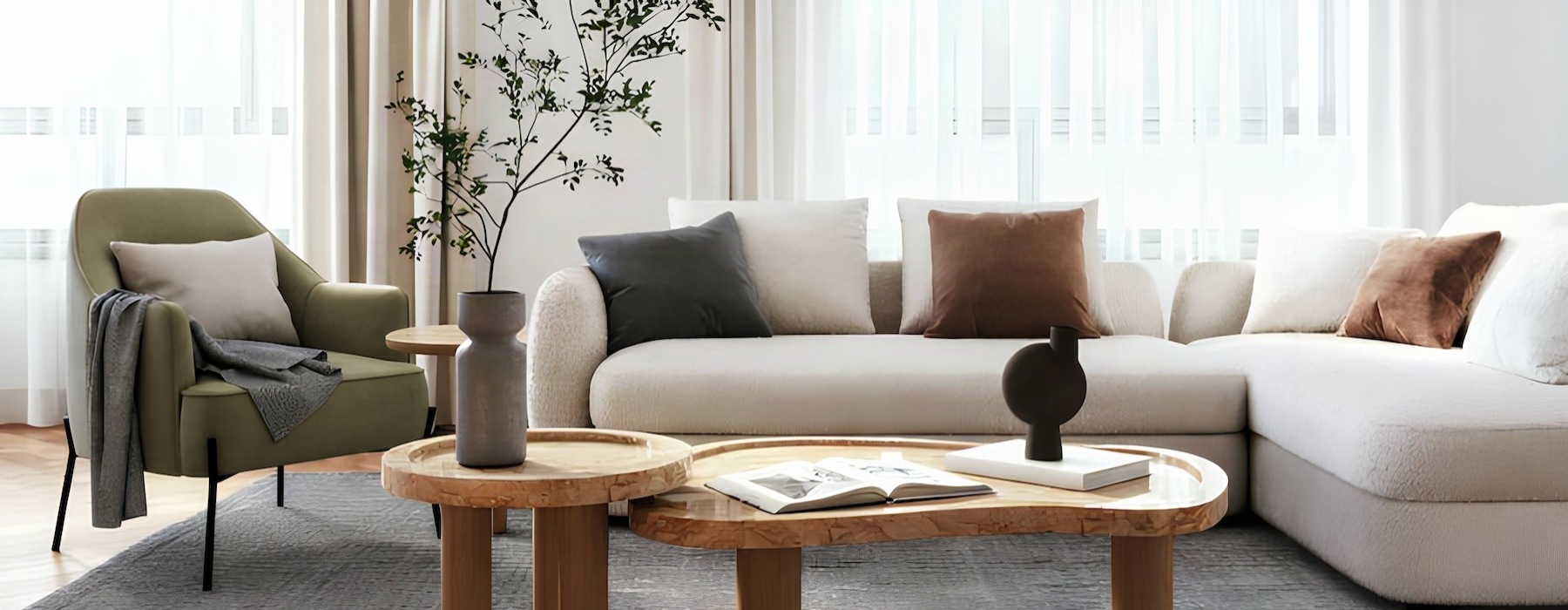 a living room with a white couch and a coffee table